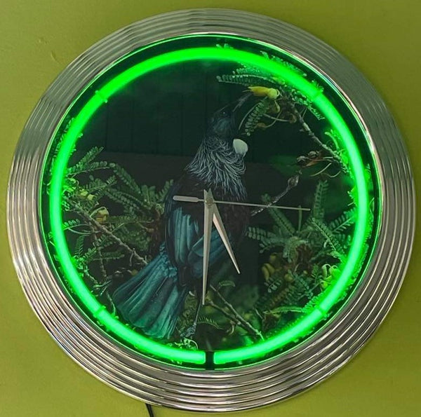 Tui in a Kowhai Tree Neon Clock (Green NENC-547G, White NENC-547W)